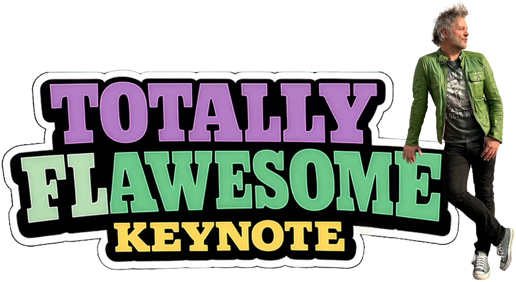 Totally Flawesome Keynote logo, with Robin in his green leather jacket leaning against it