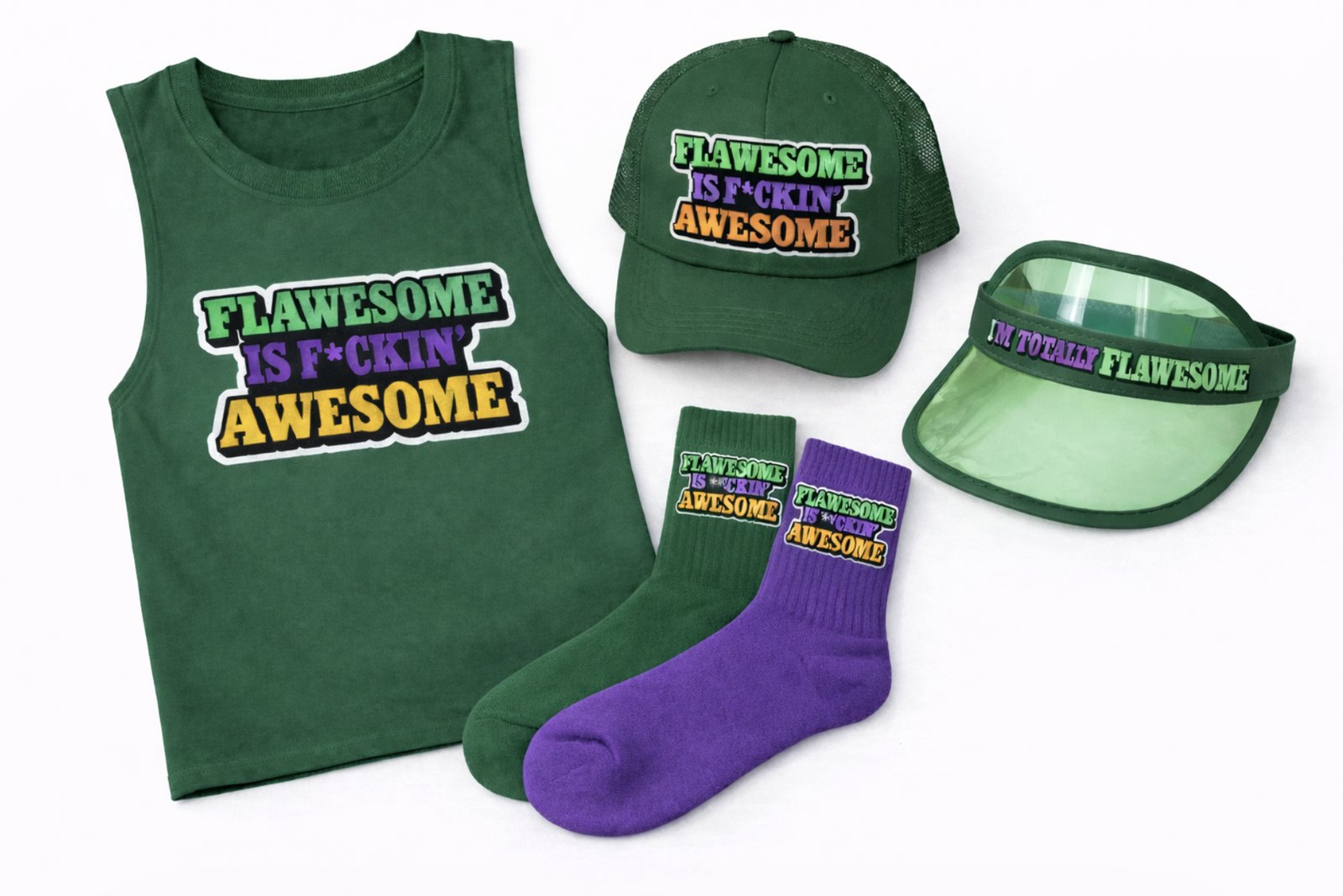 Flawesome merch: a green tank top, a cap, two socks and a green visor that say Flawesome is f*ckin' awesome
