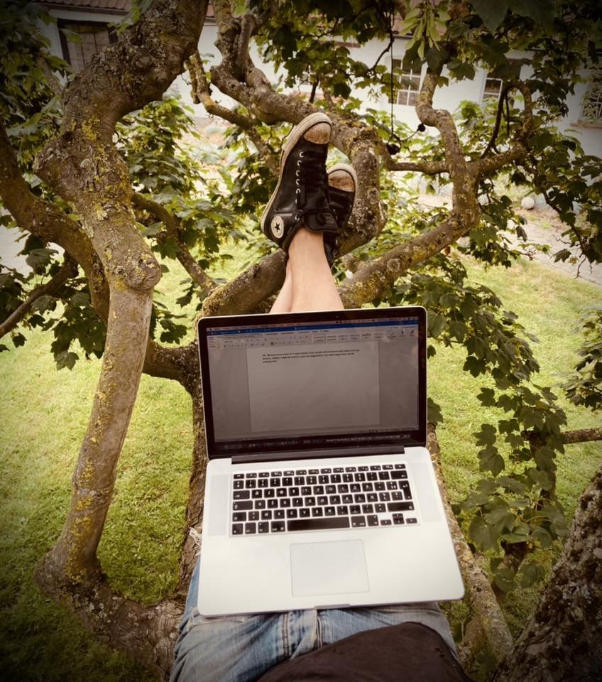 Robin writing on his laptop high up in a tree, Converse sneakers up